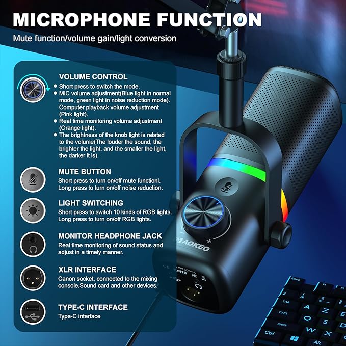 Aokeo AK-10 USB Gaming Microphone with mic arm, Condenser Microphone for PC/MAC/PS4/PS5/Phone-Cardioid Mic with RGB Lighting（White）