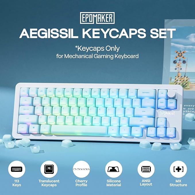 EPOMAKER AegisSil Keycap Set, Silicone Material, Cherry Profile, 113 Keys, 65%/75%/96%/Full Size, Custom Keyboard Keycaps Set for Cherry MX, Kailh, Outemu, Gateron Mechanical Gaming Keyboard (Blue)
