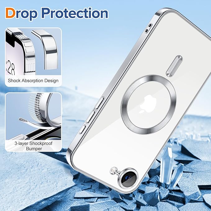 Hython Magnetic Clear for iPhone 17e Case with Camera Lens Protector [Compatible with MagSafe] Luxury Plating Edge Slim Soft TPU Cover Protective Phone Case for iPhone 17e 6.1", Silver