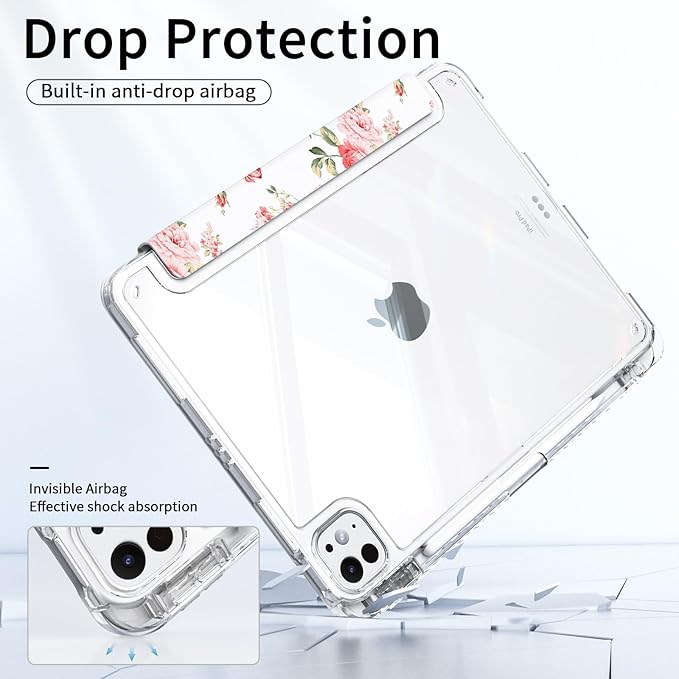 Clear Case for iPad Pro 11 Inch M5 (2025), Flower iPad Pro 11 M4 Case (2024) with Pencil Holder, Trifold Stable Stand, Transparent Shockproof Back Cover Protection, Pink Rose