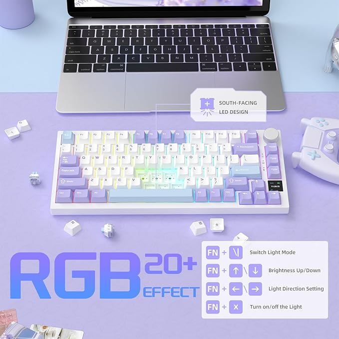 Attack Shark ajazz AK820 Pro Wireless Mechanical Gaming Keyboard Hot Swappable TFT Display & Knob RGB Backlit BT 5.1/2.4Ghz /Type-C Wired Gasket-Mounted Custom Keyboard for PC/Win(Purple/Fish Switch)