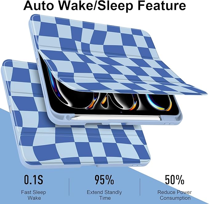 TWOLSKOO Case for iPad Pro 11-inch (M5 2025 / M4 2024), Clear Acrylic Back with TPU Bumper, Pencil Holder, Trifold Stand, Auto Sleep/Wake, Blue Wavy Checker