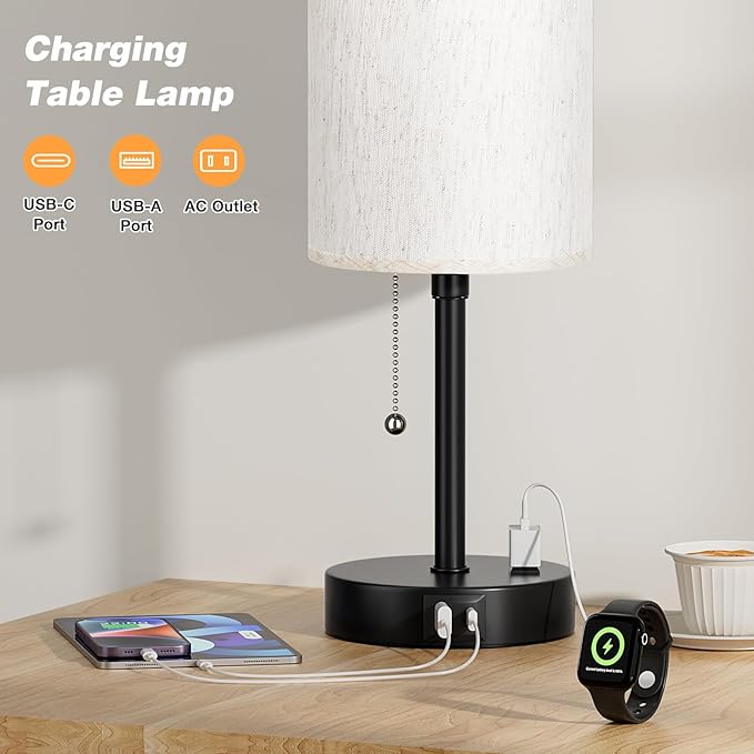 PartageiZ Pull Chain Table Lamp for Bedroom - 3 Color Temperatures, USB A + C Charging, AC Outlet, 17.4 inch Tall Bedside Lamp with E26 LED Bulb