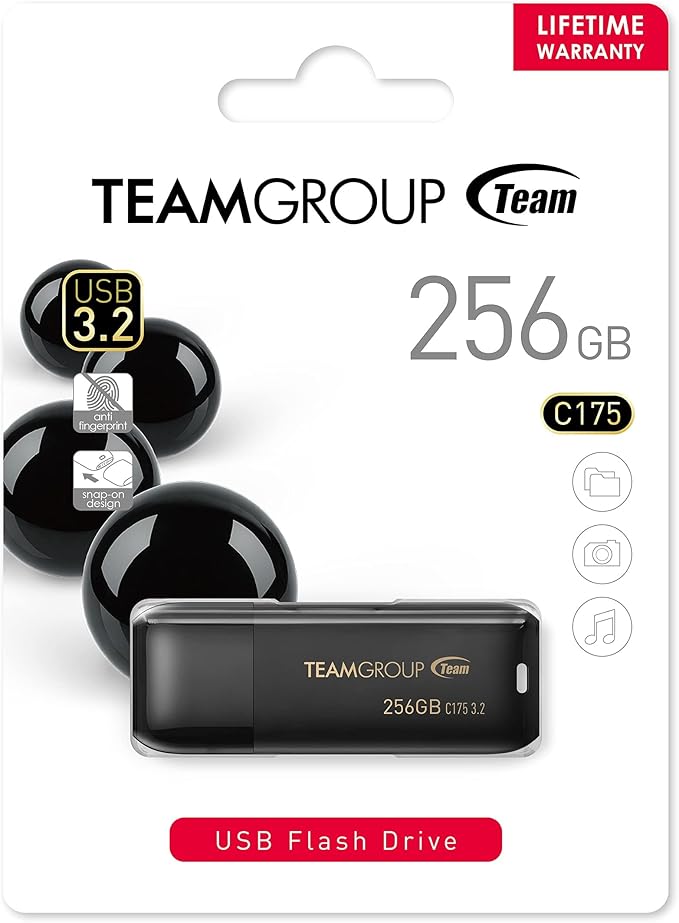 TEAMGROUP C175 256GB USB 3.2 Gen 1 (USB 3.1/3.0) Read 100MB/s Flash Thumb Drive,Memory Stick Compatible with Computer/Laptop Matte Black TC1753256GB01