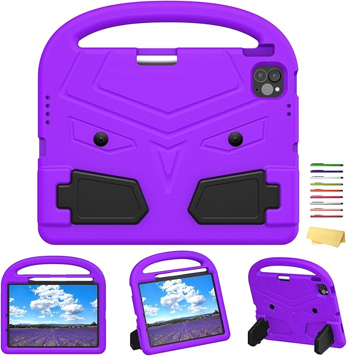 Kids Case for Apple iPad Pro 11 inch M5/M4 Tablet (2025/2024) with Pencil Holder/Handle/Kickstand Slim Lightweight Cute Soft EVA Foam Shockproof Stand Cover for Boys Girls Teens, Purple Bird
