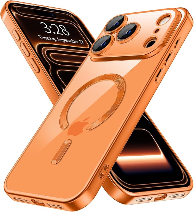 Hython Magnetic Clear for iPhone 17 Pro Max Case with Camera Lens Protector [Compatible with MagSafe] Plating Edge Slim Soft TPU Cover Protective Phone Case for iPhone 17 Pro Max 6.9", Matte Orange