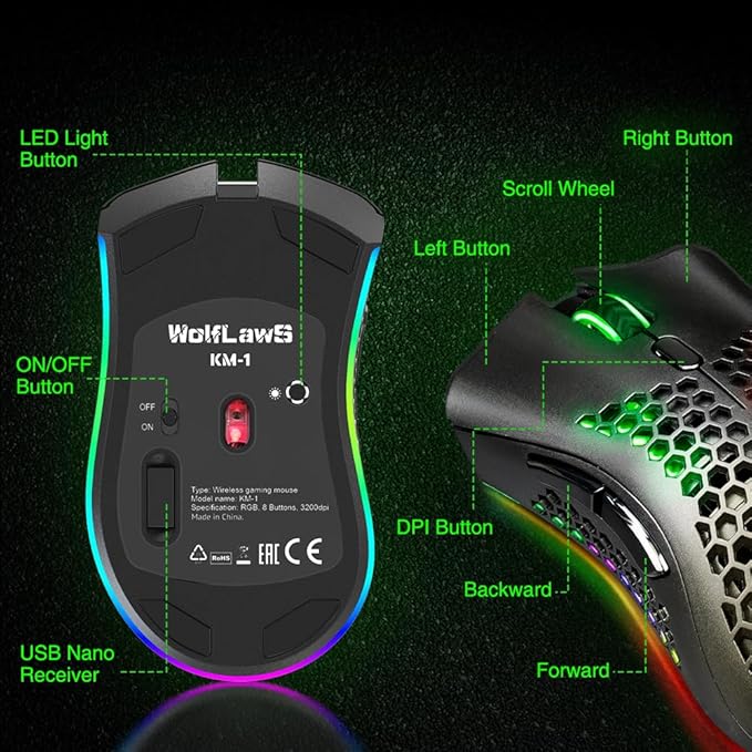 WolfLawS KM-1 Gaming Mouse, Wireless Mouse Gaming Computer Mice USB with Honeycomb Shell, 6 Programmed Buttons, 3 Adjustable DPI, Ergonomic RGB Optical Mouse for PC Mac Laptop