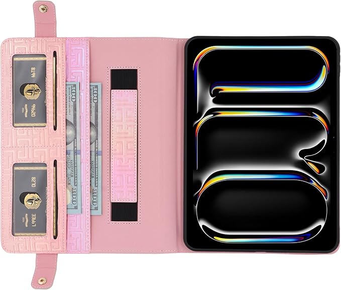 Shiny Case for iPad Pro 12.9" 6th/5th/4th Gen & iPad Air 13-inch Handbag w/Hand Strap, Techcircle Crossbody Iridescent Folio Stand Wallet Case w/Pencil Holder+Shoulder Strap, Shiny Pink