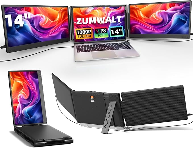 ZUMWALT Laptop Screen Extender, 14" Triple Portable Monitor for Laptop, 1080P FHD Screen Extender Monitors for 13"-16.5", Monitor Extender for MacOS/Windows/Chrome (Built-in Speakers)