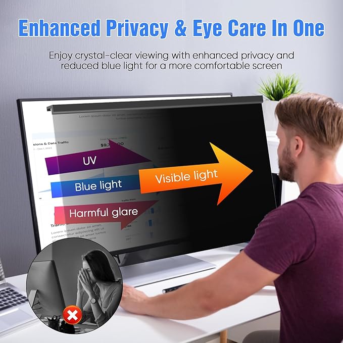 Magnetic Computer Privacy Screen 32 Inch，Aesthetic Hanging Privacy Screen for Computer Monitor with Anti-Blue Light Coating, Removable Magnetic Attachment Computer Monitor Privacy Shield