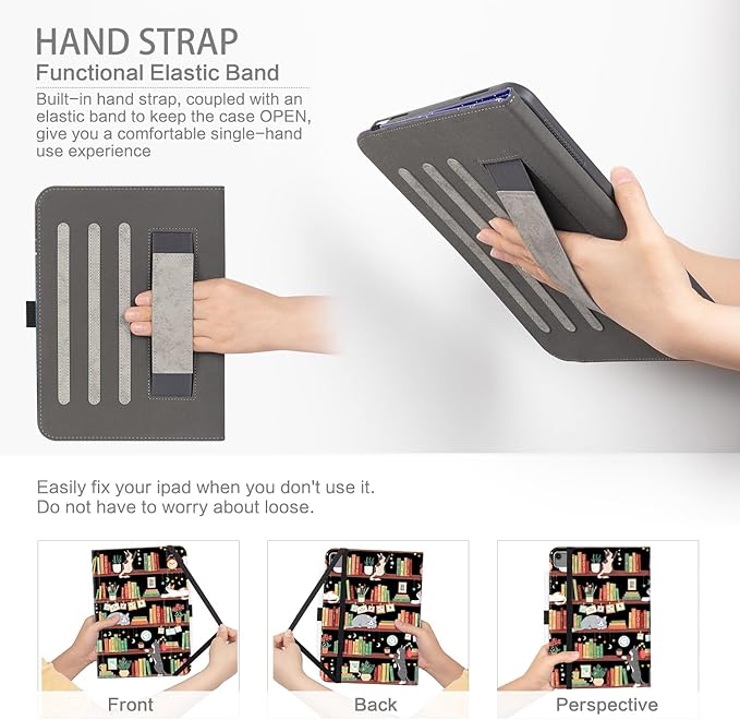 Case for iPad Air 13-inch (M4/M3/M2), iPad Pro 12.9 Case 6th/5th/4th/3rd Generation with Pencil Holder Multi-Angle Adjustable Stand Shockproof with Pocket/Hand Strap/Auto Wake Sleep, Bookshelf Cat