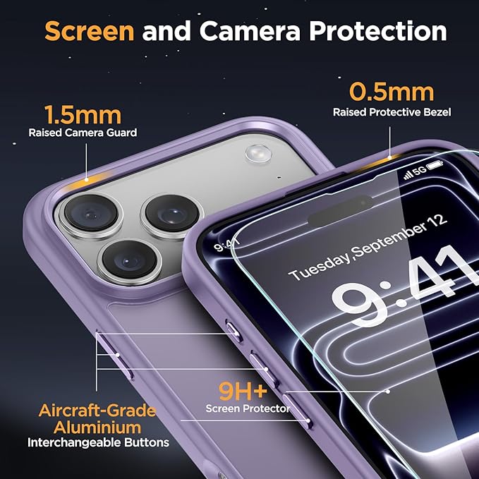 Miracase Magnetic for iPhone 17 Pro Max Case with Screen Protector [Compatible with MagSafe] Slim Thin Phone Case Military-Grade Protected for 17 ProMax Cover Bumper 6.9", Purple