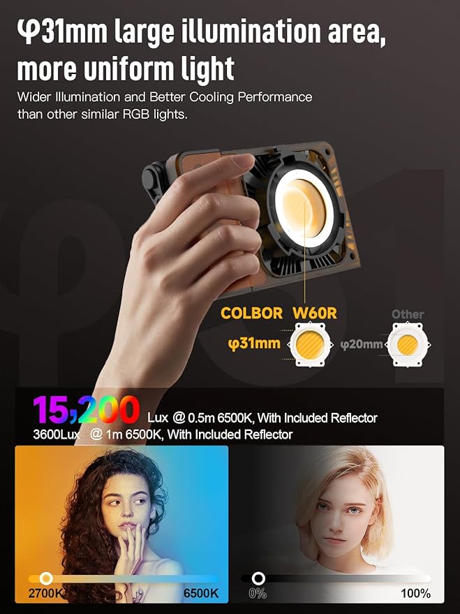 COLBOR W60R RGB Video Light, 60W 2700-6500K Full Color Pocket COB Continuous Output Lighting LED Studio Light CRI97+ TLCI98+ with APP Control for Photography