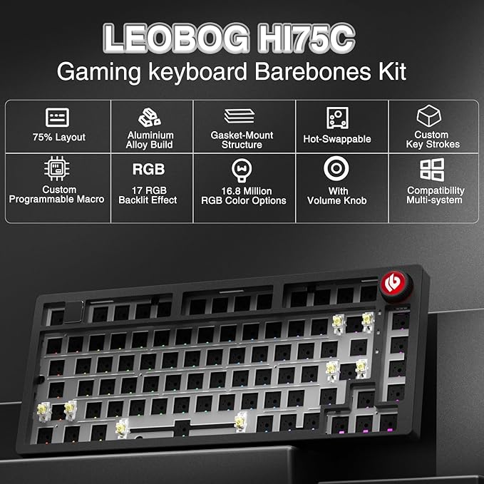 CORBOBO LEOBOG Hi75C Upgraded Wired Mechanical Keyboard Kit – Aluminum Alloy Gasket Mount 75% Barebones DIY Base with Hot Swap, RGB Backlighting & Volume Knob – Enhanced Custom Gaming Keyboard Build