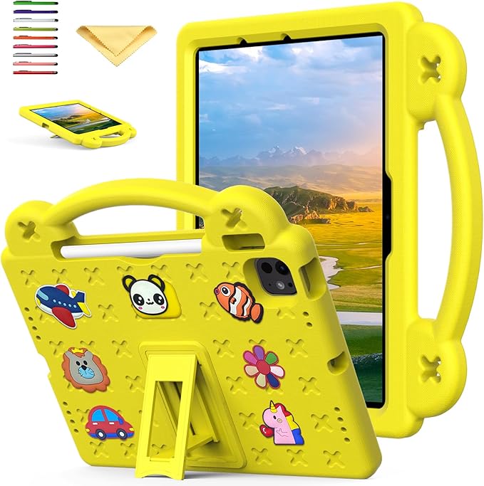 for Apple iPad Pro 11 Inch Kids Case (M5/M4) 2025/2024 with Pencil Holder/Kickstand/Handle Stand Slim Lightweight Cute DIY Soft EVA Shockproof Rugged Silicone Girls Boys Cover, Yellow Bear