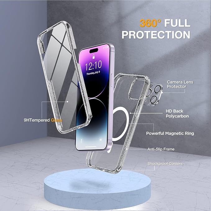 Miracase Magnetic for iPhone 14 Pro Case 6.1 inch, (Compatible with MagSafe) Upgrade Full-Body Clear Phone Bumper Case with Built-in 9H Tempered Glass Screen Protector, Magnetic Glitter Clear