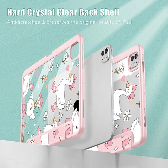 May Chen for iPad Pro 13 Inch Case M5 2025 / M4 2024, Built Pencil Holder & Clear Transparent Print Back Shell Slim Stand Shockproof Tablet Cover, Auto Wake/Sleep, Cute Goose Spring