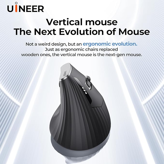 Uineer Vertical Ergonomic Mouse, Multi-Device Wireless Mouse with Bluetooth 5.0/4.0 & 2.4G, Rechargeable Computer Mouse for Laptop PC Office Home Desktop,4 DPI Optical Mice (Business Style, Black)