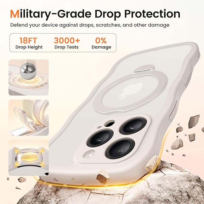 CAPRARO for iPhone 16 Pro Case with 360° Spin Magnetic Stand for Women, [Compatible with MagSafe] [Full Camera Protection] Cute Wave Translucent Matte Case for iPhone 16 Pro, Stone