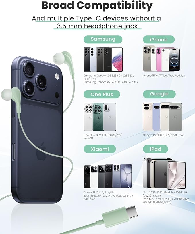 Wired Headphones USB C for for Galaxy S26 S25 Ultra A17 A16 S24 S23 in Ear USB-C Headphones Wired with Microphone Volume Control Type C Headphones iPhone 16 Pro Max iPad mini Xiaomi Pixel Green
