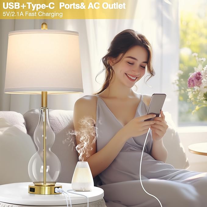 Rinweey 27.5" Clear Glass Table Lamp Set of 2,3-Way Dimmable Touch Control Bedside Lamps with USB Ports and AC Outlet, Modern Nightstand Lamps Gold lamp for Bedroom Living Room
