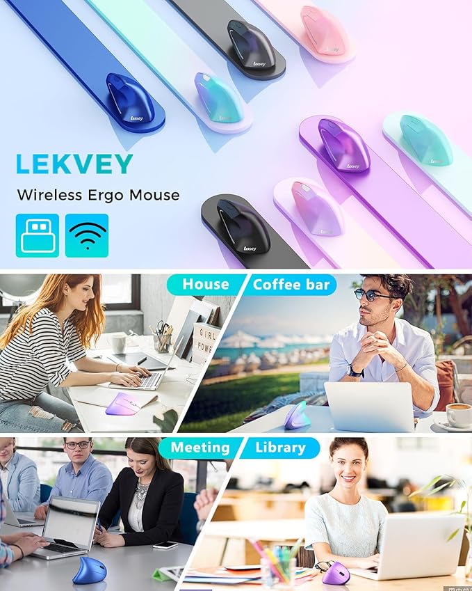 Lekvey Ergonomic Mouse, Vertical Wireless Mouse, Rechargeable 2.4G Optical Carpal Tunnel Mice: 800/1200 / 1600 DPI, 6 Buttons, for Laptop, PC, Mac, Computer, Desktop, Notebook etc, Green Purple