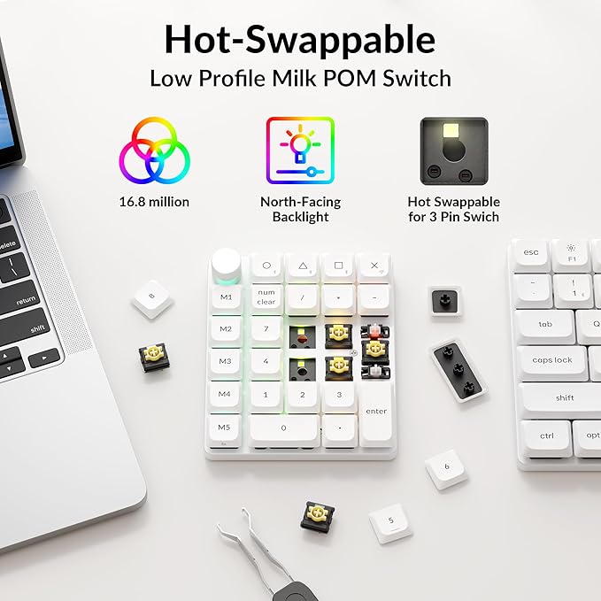 Keychron K0 Max QMK Wireless Custom Number Low-Profile RGB Backlit (Hot-Swappable) Banana Switch Keypad, 2.4 GHz & Bluetooth 5.3 Connection, 1000Hz Polling Rate - White
