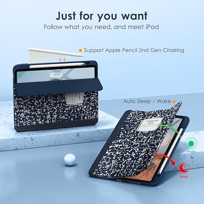 VIKESI for iPad Pro 11 Inch 4th/3rd/2nd/1st Generation Case, iPad Air 11-inch / 5th / 4th Generation Case with Clear Back,Pencil Holder,Auto Sleep/Wake,Camera Protection,Blue Book