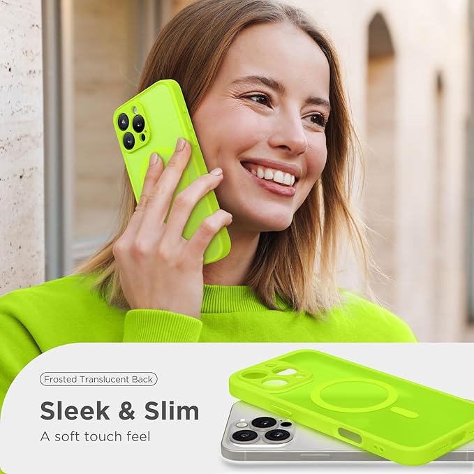 CAPRARO Magnetic Compatible with iPhone 16 Pro Case, Upgraded [Full Camera Protection] [Compatible with MagSafe] Protective Translucent Matte Women Girl Phone Case Cover, Fluorescent Green