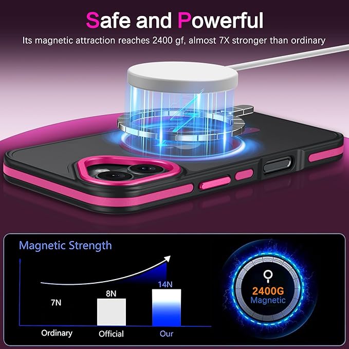 BENTOBEN Magnetic for iPhone 17 Case 2025 [Compatible with Magsafe] [Military-Grade Protection] Matte Women Men Anti-Slip Shockproof Bumper Phone Cases for iPhone 17 6.3", Hot Pink/Black