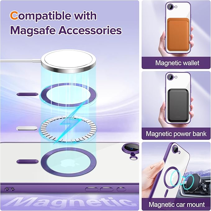 Hython Magnetic Clear for iPhone 16e Case with Camera Lens Protector [Compatible with MagSafe] Luxury Plating Edge Slim Soft TPU Cover Protective Phone Case for iPhone 16e 6.1", Matte Purple