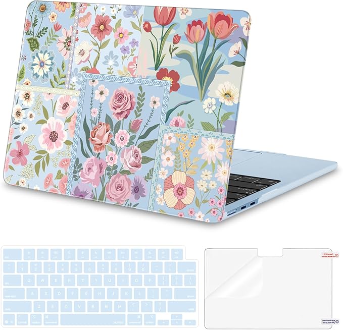 MOSISO Compatible with MacBook Air 13 inch Case M5 2026 M4 2025 M3 M2 2024-2022 A3449 A3240 A3113 A2681, Spliced Flowers Hard Shell&Keyboard Cover&Screen Film for MacBook Air 13.6 inch Case, Blue