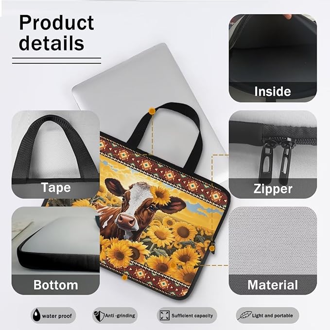 17 Inch Laptop Sleeve, Laptop Cover Computer Bag Tablet Carrying Case with Handle, Tribal Sunflower Cow Water-Repellent Tote Bags Notebook Sleeves Handbag Messenger Briefcase