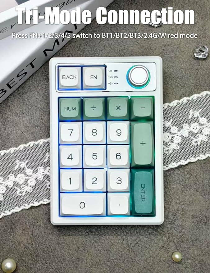 Gasket Creamy Mechanical Numpad Programmable Macro Keypad Wireless 2.4G/Bluetooth 5.0/Wired USB-C RGB Backlit Hot Swappable Number Pad Rechargeable Numeric Keyboard Metal Knob, Botanic Garden