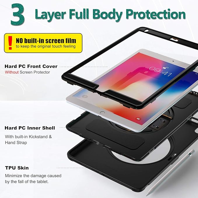 BATYUE case for iPad Air 3rd Gen 2019 & iPad Pro 10.5" 2017, Heavy Duty Rugged Protective Cover with 360° Swivel Stand, Leather Hand Strap & Pencil Holder - for Business, Outdoor, Sales Reps - Black
