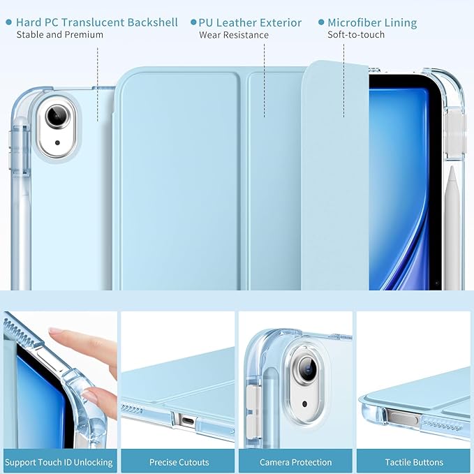 MoKo for iPad Air 11 inch Case (M4/M3/M2) 2026/2025/2024, iPad Air 5th/4th Gen 10.9 inch Case 2022/2020 with Pencil Holder, Slim Light Trifold Cover with Hard PC Translucent Back Shell, Sky Blue