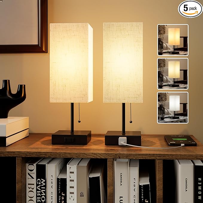 YIDPU Table Lamp for Bedroom,Nightstand Lamp for Bedside with AC Outlets,Adjustable 3color LED Light Desk Lamp for Home Decor,Included Bulb and Lamp Shade (Linen White-onlyAC, 2PCS)