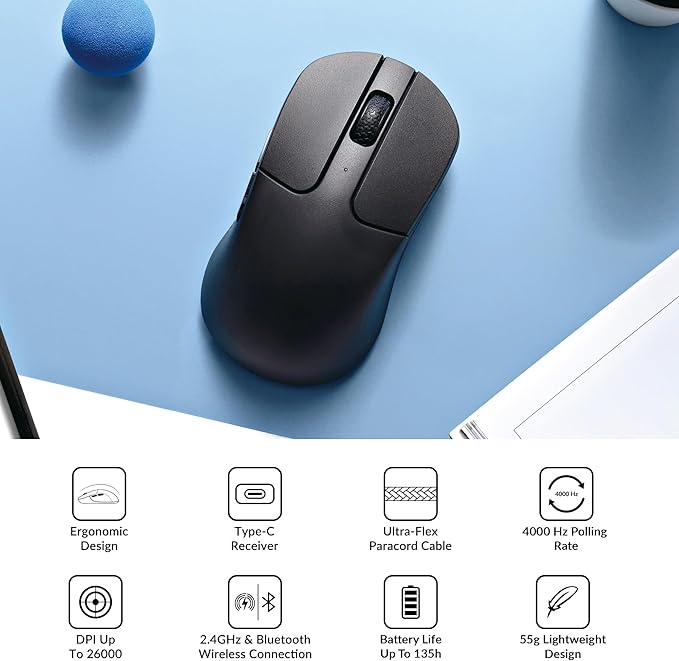 Keychron M3 Mini 4K Wireless Bluetooth 5.1/2.4 GHz/Wired Optical Mouse, Ultra-Lightweight 55g Programmable PixArt 3395 Sensor with up to 26,000 DPI/ 650 IPS for Windows Mac Linux - Black