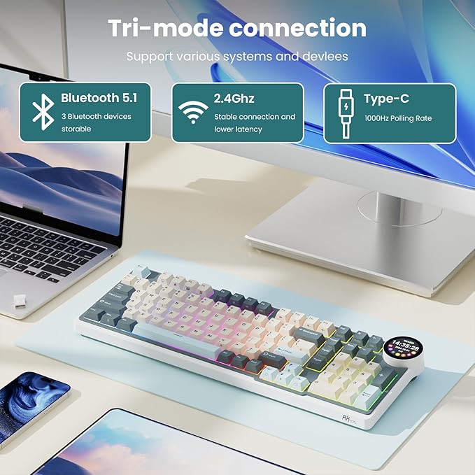 RK ROYAL KLUDGE N99 Wireless Mechanical Keyboard Full Size, Smart Display Screen & Knob, BT/2.4G/USB-C, 96% Hot Swappable Custom Keyboard, Pre-lubed Tactile Switches, Gasket Mount, RGB Gaming Keyboard