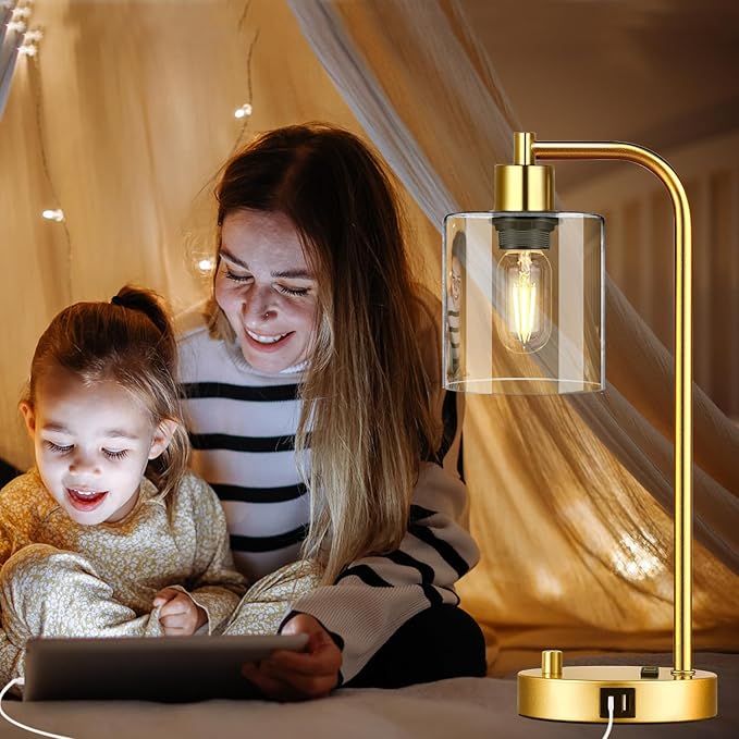 Lynnoland Set of 2 Industrial Table Lamps with USB Port, Gold Fully Stepless Dimmable Bedside Lamps for bedrooms, Nightstand Desk Lamp with Clear Glass Shade for Reading Living Room Office 2 LED Bulb