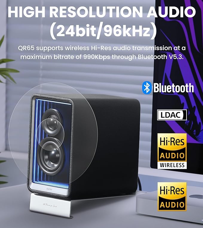 Edifier QR65 Desktop Active Monitor with 2.75" Long-Throw Aluminum Diaphragm mid-Low Drivers, Hi-Res Audio, Brilliant Light Effects, 70W Output Power Bluetooth Speakers with Stands - Black