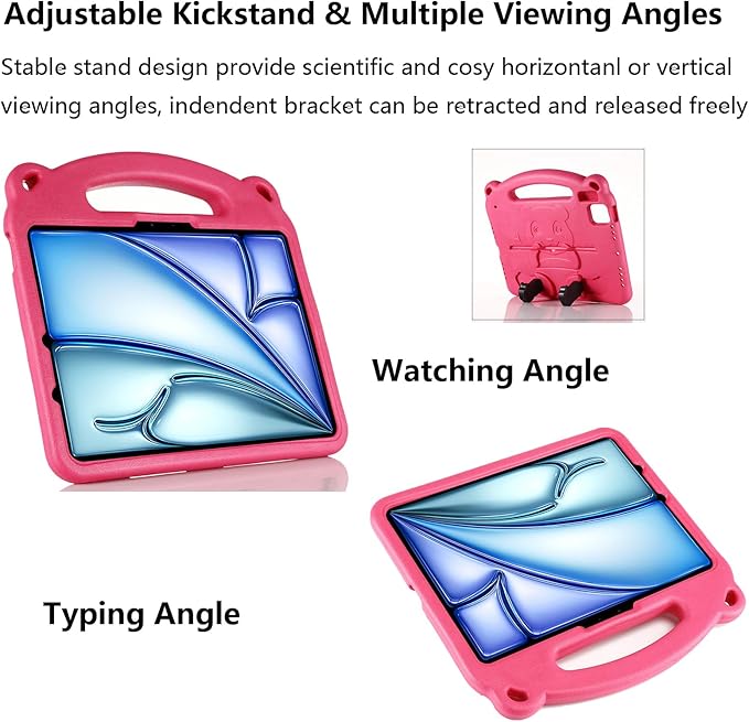 Kids Case for Apple iPad Air 11 inch Tablet (M3 2025/M2 2024), with Kickstand/Handle Slim Lightweight Soft EVA Foam Shockproof Stand Boys Girls Cute Heavy Duty Protection Cover, Rose Panda