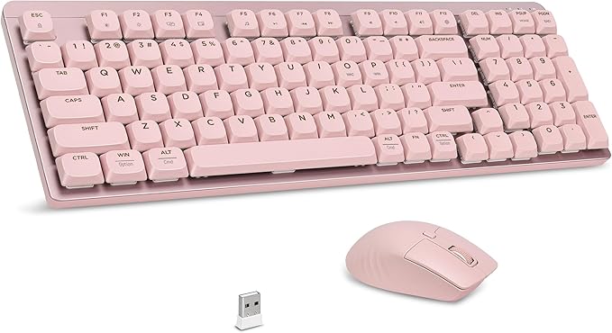 LeadsaiL Wireless Keyboard and Mouse Combo, 2.4Ghz Cordless Mechanical Keyboard and Silent Mouse for Business, Low-Profile Red Switch, 98-Key Compact Slim Keyboard for Windows/MacOS PC Laptop - Pink
