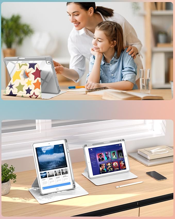 Uppuppy for iPad 9th/8th/7th Generation Case for iPad Air 3rd/ Pro 10.5” Case - 360 Rotating Stand Folio Smart Cover with Pencil Holder for Women, Colorful Stars for Apple Tablet 7/8/9 Gen 10.2 inch