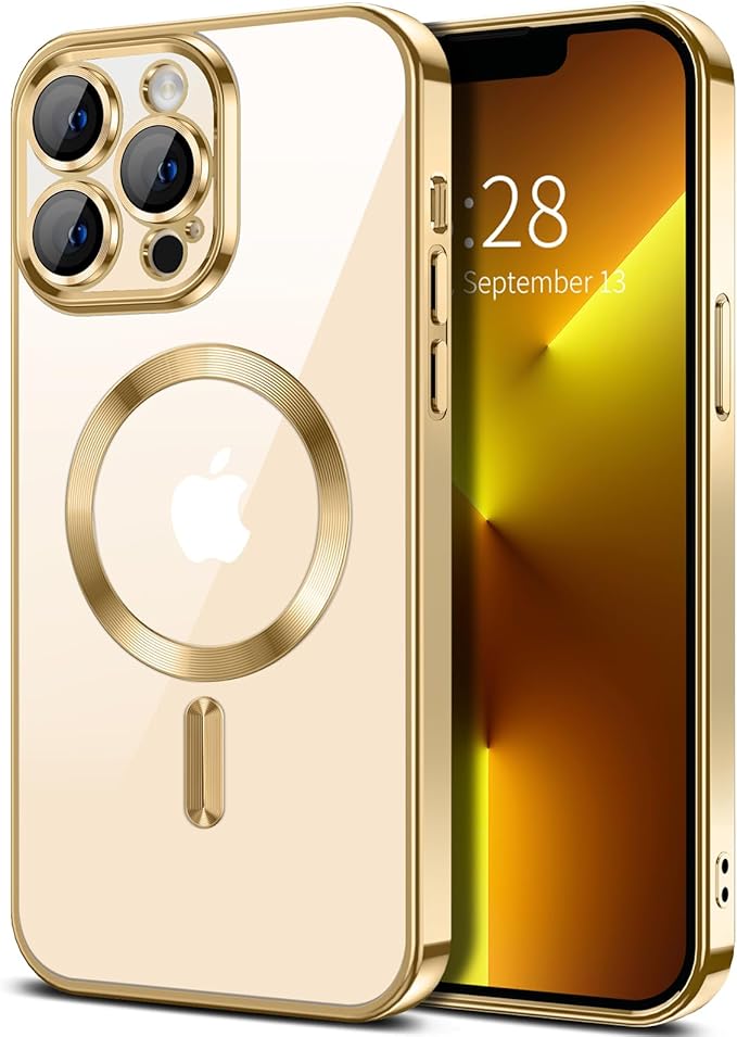 Hython Magnetic Clear for iPhone 13 Pro Case with Camera Lens Protector [Compatible with MagSafe] Luxury Plating Edge Slim Soft TPU Cover Protective Phone Case for iPhone 13 Pro 6.1", Gold