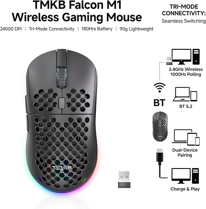 TMKB Wireless Gaming Mouse, 24000DPI Optical Sensor, 180Hrs Battery, Lightweight, 6 Programmable Buttons, RGB Strip, 2.4G/BT5.2/USB-C Wired for PC/Mac/Laptop - Matte Black