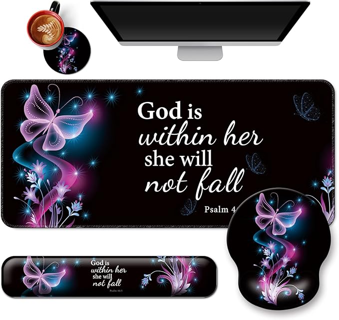 Mouse Pad + Desk Mat + Keyboard Wrist Rest + Coaster 4 in 1 Set, Cute Ergonomic Large Gaming Mousepad with Wrist Rest Support Desk Pad for Computer Laptop Office Home Decor-Purple Butterfly