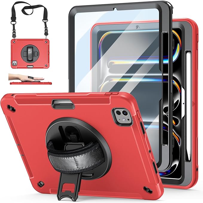 Case for iPad Pro 11 M5 2025/ M4 2024: Protective Cover for iPad Pro 11 Inch 5th Generation with Screen Protector- Stand- Handle- Shoulder Strap- Pencil Holder-Red
