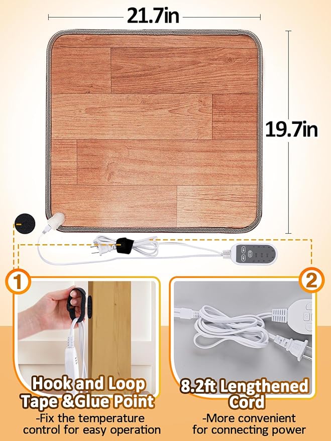 Heated Floor Mat - Foot Warmer Under Desk, 19.7x21.7in Heated Feet Rest for Home Office Desk, Winter 110V Electric Heating Pad with 3 Timers & 10 Adjustable Temperature