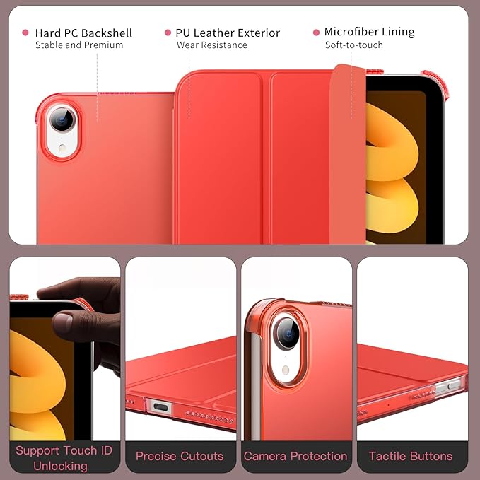 MoKo for iPad mini 7 (A17 Pro) Generation Case 2024, iPad mini 6 Case 2021, 8.3-inch Slim Lightweight Protective Hard Back PC Shell Stand Cover Support Touch ID, Auto Wake/Sleep, Cherry Tomatoes Red